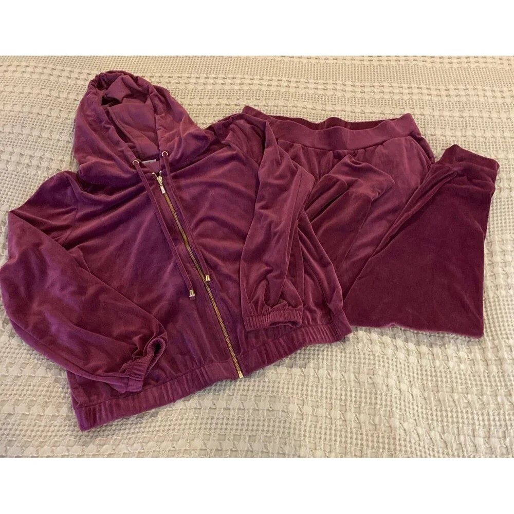 Cable & Gauge Burgundy Velour Set Zip Front‎ Hoodie & Pants Sz Large Athleisure